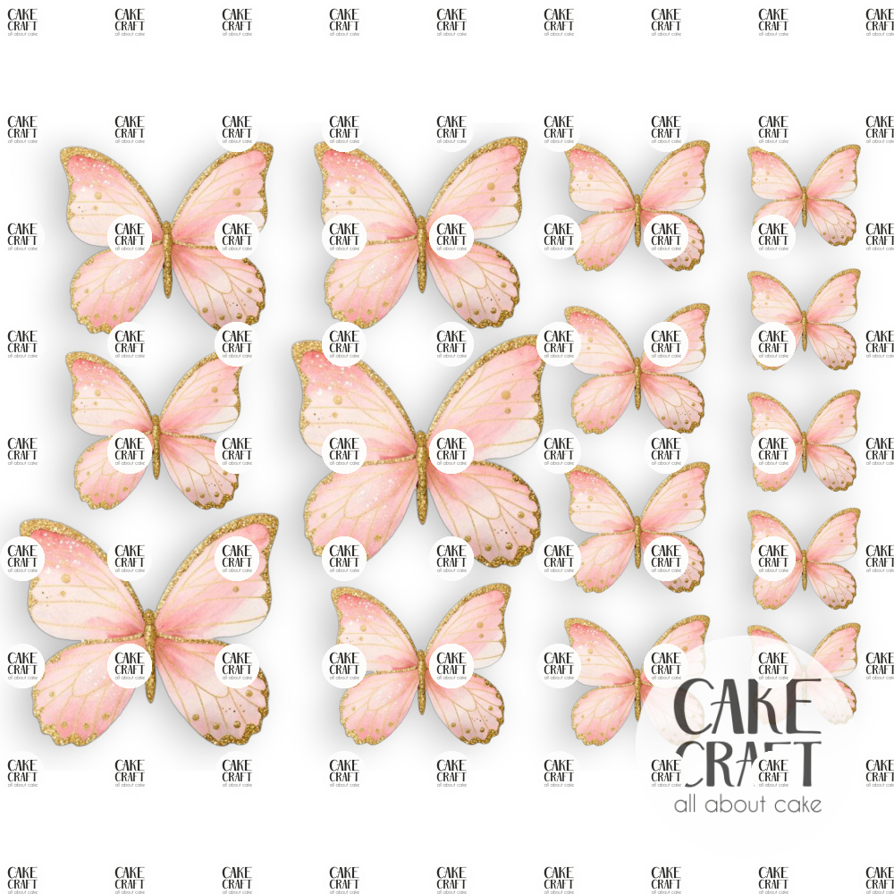 Βρώσιμα Σχέδια - Βρώσιμα σχέδια Πεταλούδες Ροζ/ Χρυσό σετ - 15τμχ