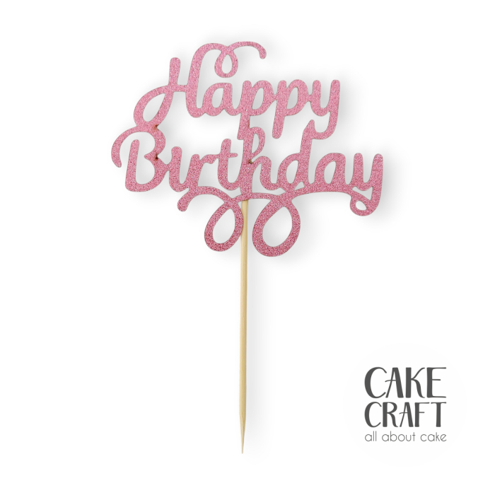 Χάρτινα Διακοσμητικά - Cake Topper Χάρτινο glitter Ροζ Happy Birthday v1